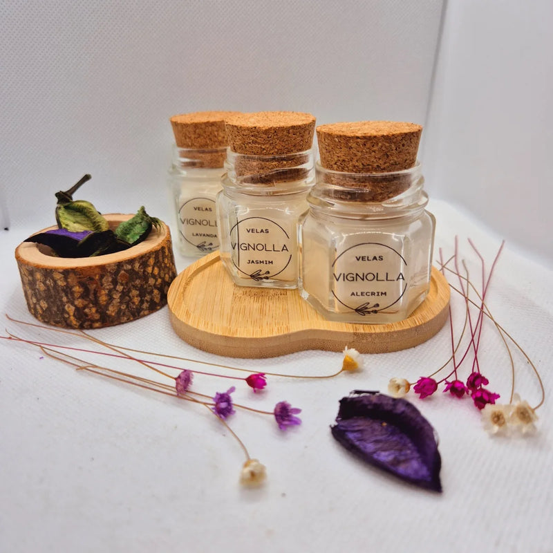 3 Velas Aromáticas Potes de Vidro 30 gramas com mini tronco